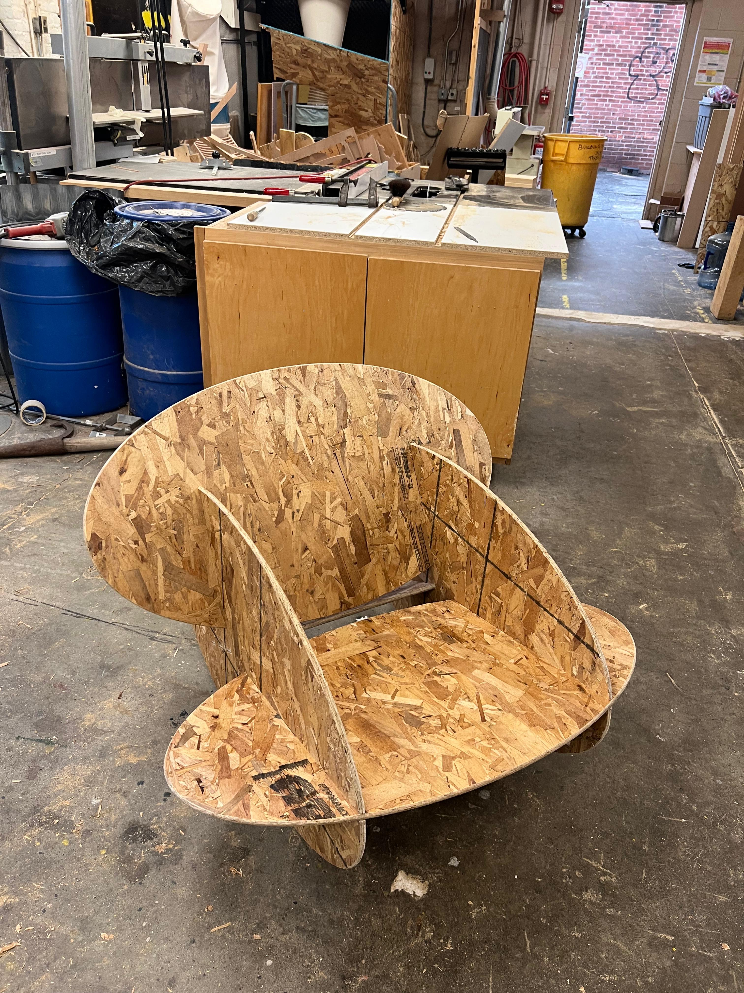 Completed rocking chair in OSB after reassembly